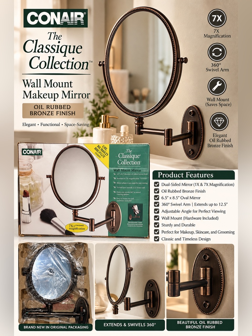 The Classique Collection Oil Rubbed Bronze Wall Mount Makeup Mirror NWT